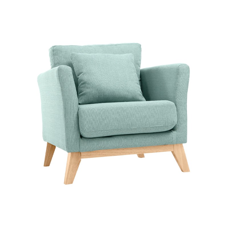 Fauteuil déhoussable en tissu vert lagon et bois clair oslo