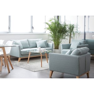 Fauteuil déhoussable en tissu vert lagon et bois clair oslo