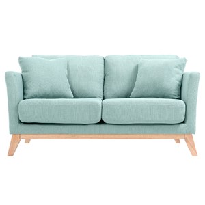 Canapé déhoussable 2 places en tissu vert lagon et bois clair oslo