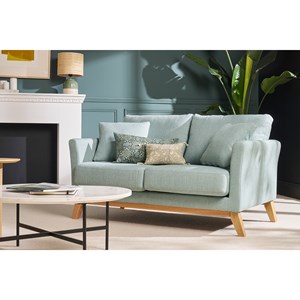 Canapé déhoussable 2 places en tissu vert lagon et bois clair oslo