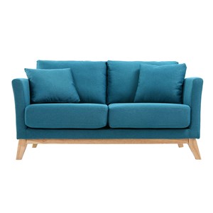 Canapé déhoussable 2 places en tissu bleu canard et bois clair oslo
