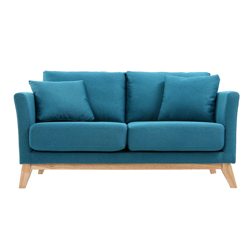 Canapé déhoussable 2 places en tissu bleu canard et bois clair oslo