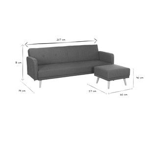 Canapé convertible 3 places avec repose-pieds en tissu bleu canard ulla