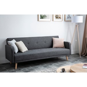 Canapé convertible 3 places en tissu gris foncé et bois clair ulla