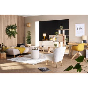 Canapé convertible 3 places en tissu beige et bois clair yumi