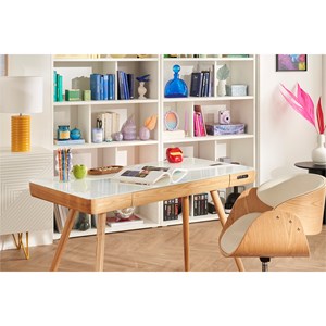 Bureau connecté multimédia avec tiroir en verre et bois clair l120 cm clever