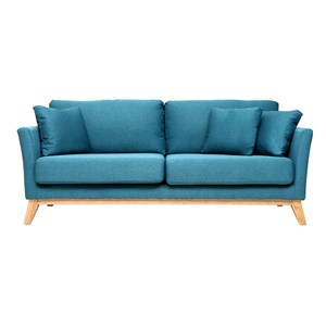 Canapé déhoussable 3 places en tissu bleu canard et bois clair oslo
