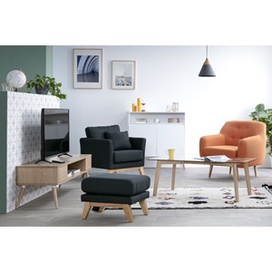 Pouf repose-pieds déhoussable en tissu gris clair et bois clair oslo