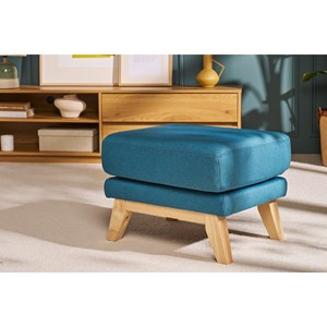 Pouf repose-pieds déhoussable en tissu bleu canard et bois clair oslo