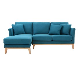 Canapé d'angle gauche bleu canard déhoussable et bois clair 3-4 places oslo