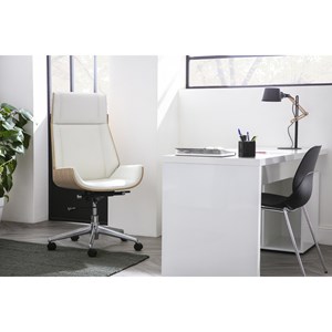 Fauteuil de bureau de direction blanc, bois clair et acier chromé curved