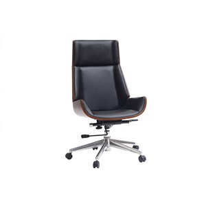 Fauteuil de bureau de direction noir, bois foncé noyer et acier chromé curved