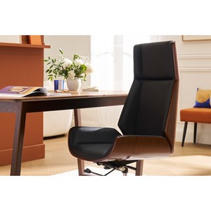 Fauteuil de bureau de direction noir, bois foncé noyer et acier chromé curved