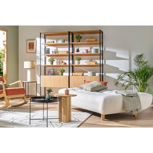 Canapé convertible 3 places en tissu bleu canard et bois clair yumi