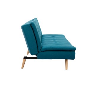 Canapé convertible 3 places en tissu bleu canard et bois clair senso