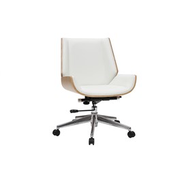 Chaise de bureau à roulettes blanc, bois clair et acier chromé curved