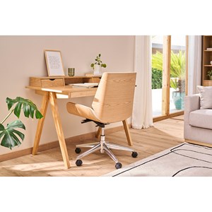 Chaise de bureau à roulettes blanc, bois clair et acier chromé curved