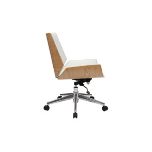 Chaise de bureau à roulettes blanc, bois clair et acier chromé curved