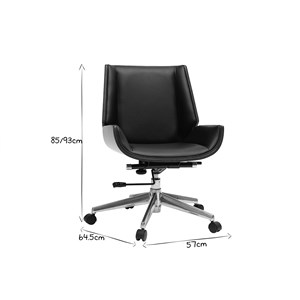 Chaise de bureau à roulettes noir, bois foncé noyer et acier chromé curved
