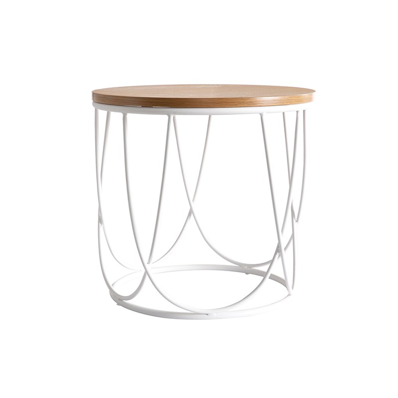 Table d'appoint ronde bois clair chêne et métal blanc d42 cm lace