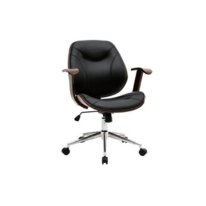 Chaise de bureau à roulettes noir, bois foncé noyer et acier chromé yorke