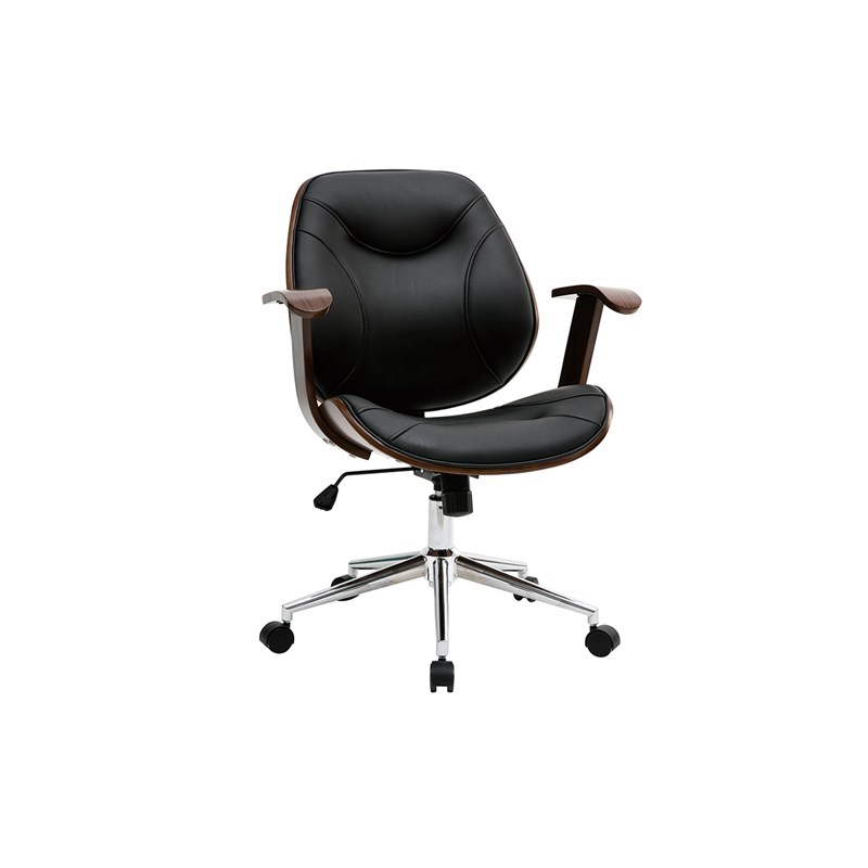 Miliboo - Chaise de bureau à roulettes noir, bois foncé noyer et acier chromé yorke