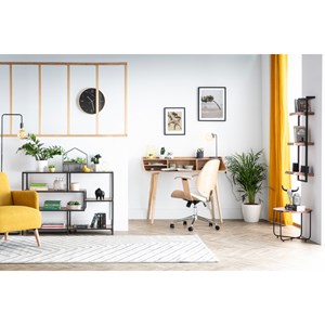 Chaise de bureau à roulettes noir, bois foncé noyer et acier chromé yorke