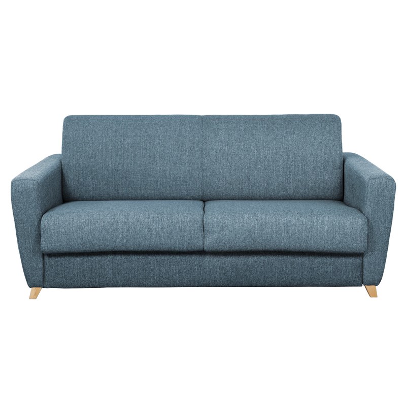 Miliboo - Canapé convertible 3 places en tissu bleu et bois clair avec matelas graham