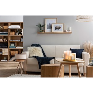 Canapé convertible 3 places en tissu bleu et bois clair avec matelas graham