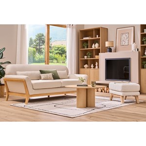 Canapé 3 places en tissu beige et bois clair yoko