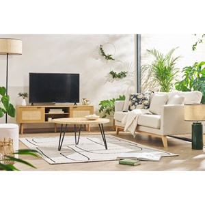 Canapé déhoussable 3 places en tissu beige et bois clair oslo