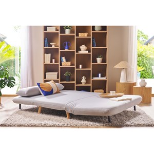 Banquette convertible 2 places en tissu gris clair et bois clair amiko