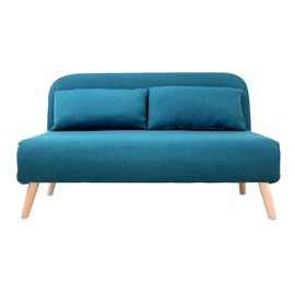 Chauffeuse 2 places convertible en tissu bleu canard et bois clair amiko