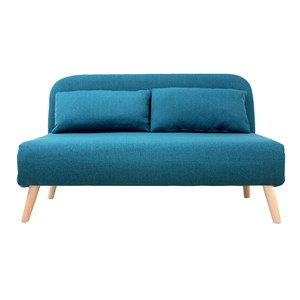 Chauffeuse 2 places convertible en tissu bleu canard et bois clair amiko