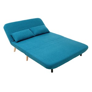 Chauffeuse 2 places convertible en tissu bleu canard et bois clair amiko