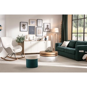 Rocking chair en tissu velours bleu canard, métal noir et bois clair eskua