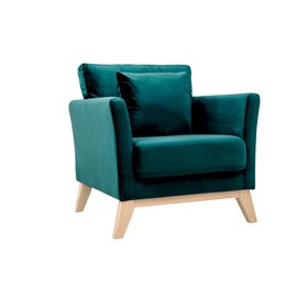 Fauteuil déhoussable en tissu velours bleu pétrole et bois clair oslo