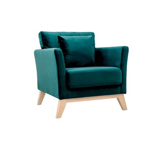 Fauteuil déhoussable en tissu velours bleu pétrole et bois clair oslo