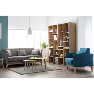 Fauteuil déhoussable en tissu velours bleu pétrole et bois clair oslo