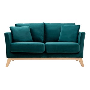 Canapé déhoussable 2 places en tissu velours bleu pétrole et bois clair oslo