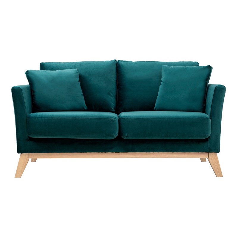 Canapé déhoussable 2 places en tissu velours bleu pétrole et bois clair oslo