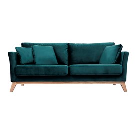 Canapé déhoussable 3 places en tissu velours bleu pétrole et bois clair oslo