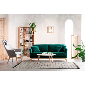 Canapé déhoussable 3 places en tissu velours bleu pétrole et bois clair oslo