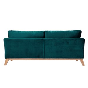 Canapé déhoussable 3 places en tissu velours bleu pétrole et bois clair oslo