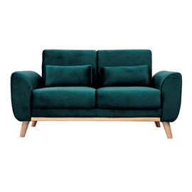 Canapé 2 places en tissu velours bleu pétrole et bois clair ektor