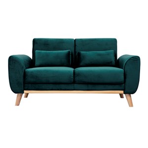 Canapé 2 places en tissu velours bleu pétrole et bois clair ektor