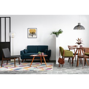 Canapé 2 places en tissu velours bleu pétrole et bois clair ektor