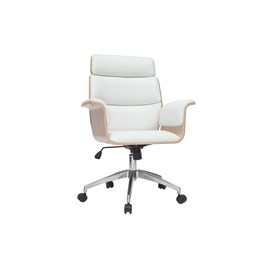Fauteuil de bureau à roulettes blanc, bois clair et acier chromé elon