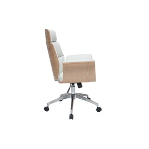 Fauteuil de bureau à roulettes blanc, bois clair et acier chromé elon