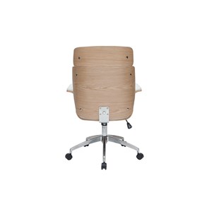 Fauteuil de bureau à roulettes blanc, bois clair et acier chromé elon